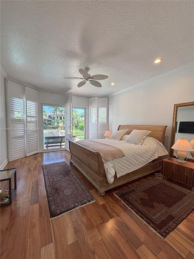320 Windmill Palm Ave, Plantation, FL 33324 - bedroom featuring access to exterior, a textured ceiling, crown molding, wood finished floors, and ceiling fan