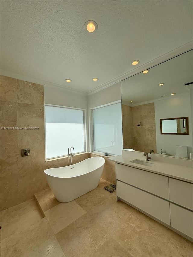 320 Windmill Palm Ave, Plantation, FL 33324 - bathroom featuring vanity, a freestanding tub, recessed lighting, crown molding, and a walk in shower
