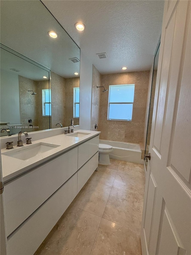 320 Windmill Palm Ave, Plantation, FL 33324 - bathroom with double vanity, bathing tub / shower combination, a textured ceiling, tile patterned flooring, and recessed lighting
