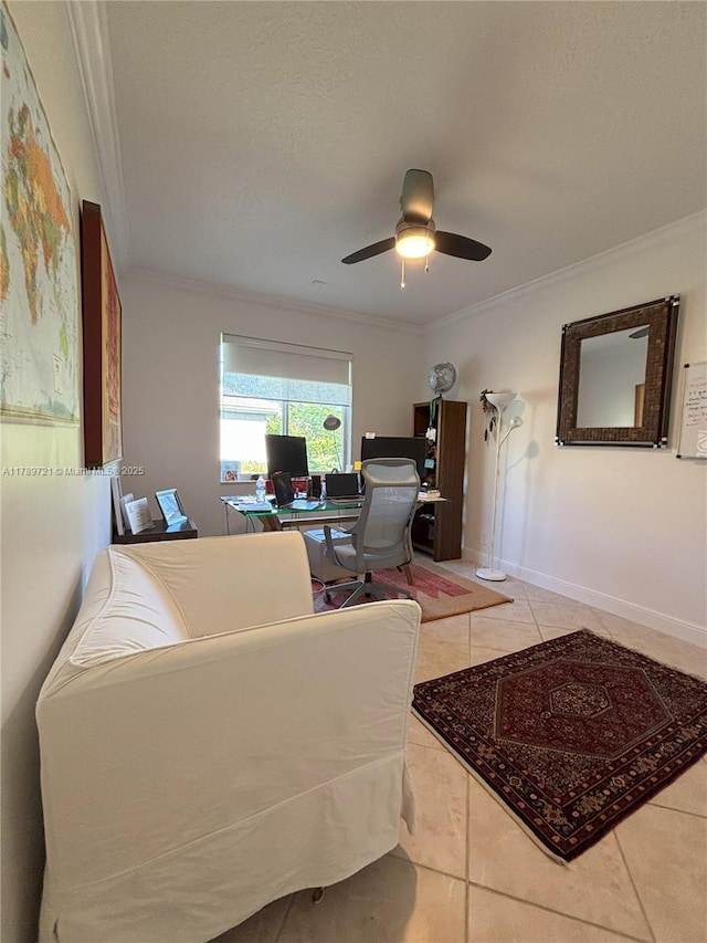 320 Windmill Palm Ave, Plantation, FL 33324 - living room with ornamental molding, tile patterned flooring, a ceiling fan, and a desk