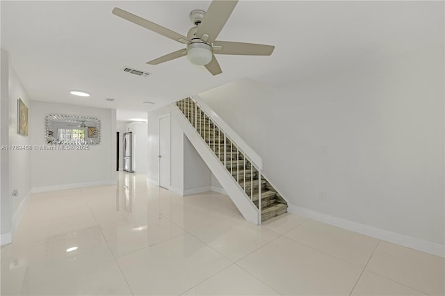 13250 SW 58th Ter Unit 10-8, Miami, FL 33183 - interior space featuring stairway, visible vents, a ceiling fan, light tile patterned floors, and baseboards