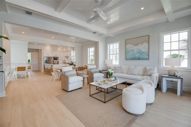 living room featuring beamed ceiling, a ceiling fan, light wood finished floors, and visible vents