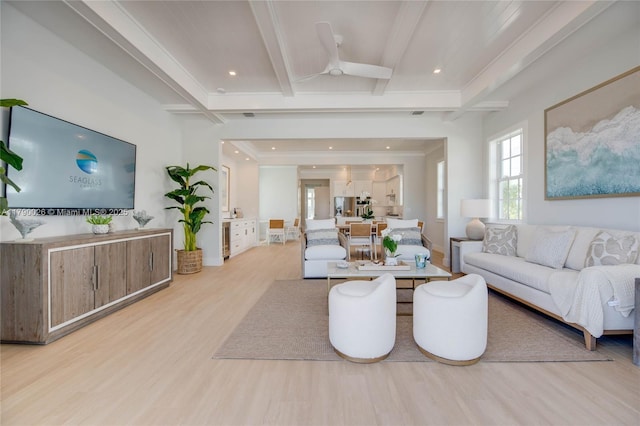 living area featuring wood finished floors, beam ceiling, recessed lighting, a ceiling fan, and coffered ceiling