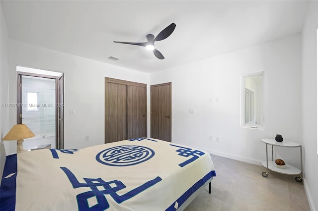 bedroom with ceiling fan, baseboards, visible vents, and a closet