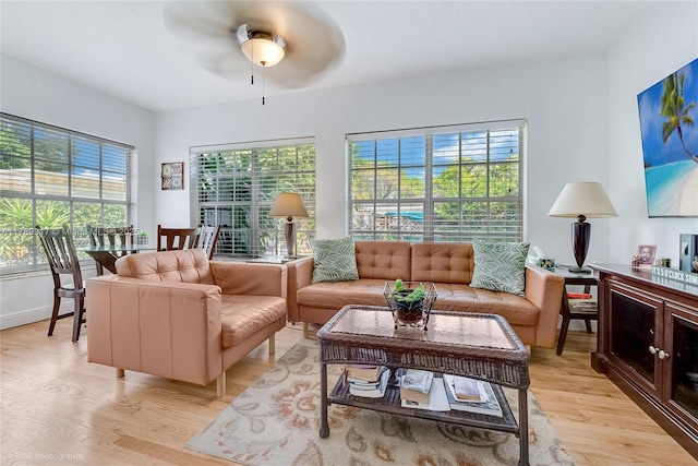 living area with ceiling fan and light wood finished floors