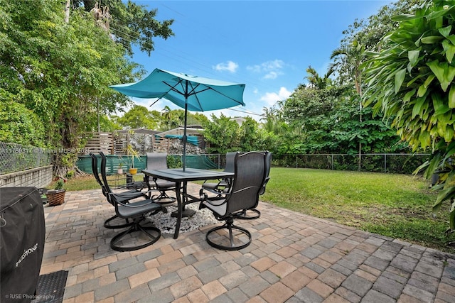 view of patio with outdoor dining area and a fenced backyard
