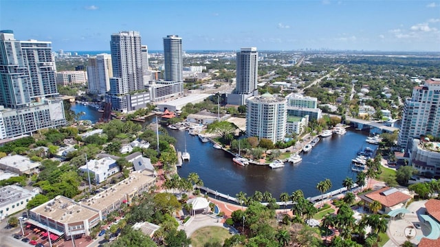 drone / aerial view with a city view and a water view