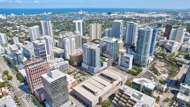 drone / aerial view with a city view and a water view