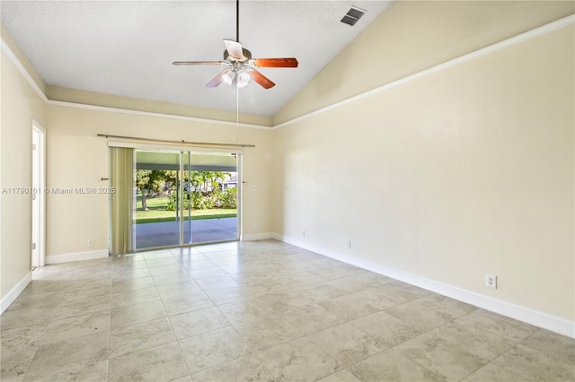 unfurnished room featuring light tile patterned flooring, ceiling fan, baseboards, vaulted ceiling, and visible vents