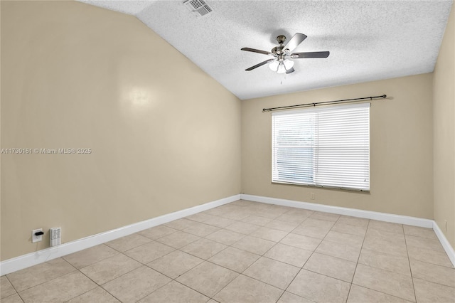 3562 W Southern Orchard Rd W, Davie, FL 33328 - empty room with a textured ceiling, ceiling fan, vaulted ceiling, and light tile patterned flooring
