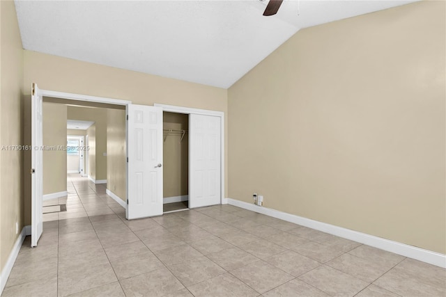3562 W Southern Orchard Rd W, Davie, FL 33328 - unfurnished bedroom with lofted ceiling, light tile patterned floors, a closet, and ceiling fan