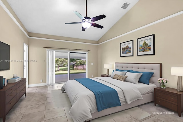 3562 W Southern Orchard Rd W, Davie, FL 33328 - bedroom featuring access to exterior, vaulted ceiling, light tile patterned floors, and ceiling fan