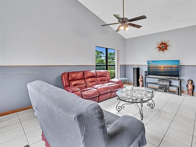 9401 NW 14th Ct Unit 224, Pembroke Pines, FL 33024 - living area with baseboards, a textured ceiling, high vaulted ceiling, and ceiling fan
