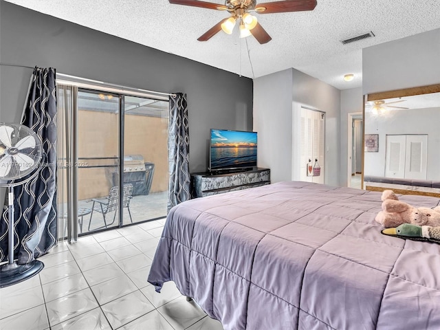 9401 NW 14th Ct Unit 224, Pembroke Pines, FL 33024 - bedroom with ceiling fan, access to exterior, visible vents, and a textured ceiling