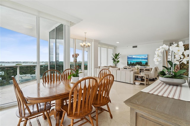 10225 Collins Ave Unit 904, Bal Harbour, FL 33154 - dining area featuring light tile patterned floors, expansive windows, a chandelier, and ornamental molding