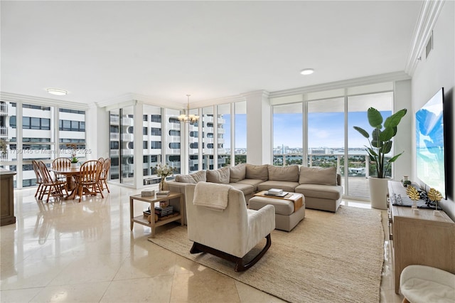 10225 Collins Ave Unit 904, Bal Harbour, FL 33154 - living room with floor to ceiling windows, a chandelier, visible vents, and light tile patterned flooring