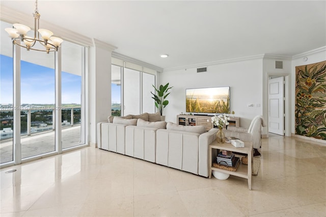 10225 Collins Ave Unit 904, Bal Harbour, FL 33154 - living area featuring crown molding, a chandelier, a wall of windows, and recessed lighting