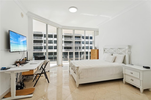 10225 Collins Ave Unit 904, Bal Harbour, FL 33154 - bedroom with floor to ceiling windows, ornamental molding, and light tile patterned floors