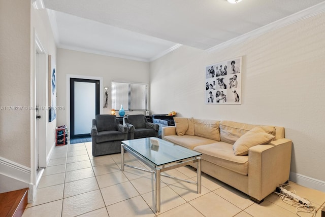 living room with crown molding, light tile patterned flooring, and baseboards