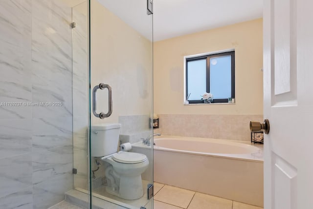 full bath with a stall shower, tile patterned flooring, a bath, and toilet