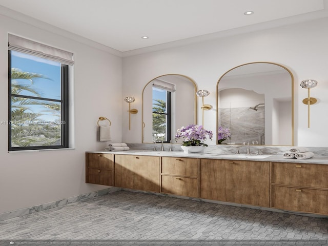 504 Malaga Ave Unit F14, Coral Gables, FL 33134 - full bathroom with a sink, recessed lighting, double vanity, and tiled shower