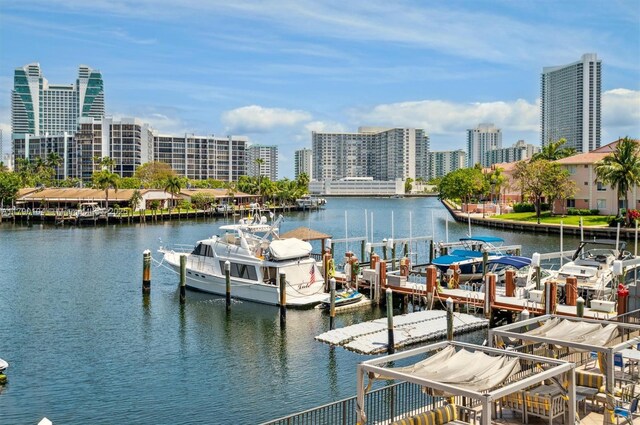 dock area featuring a city view and a water view
