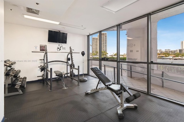 exercise room featuring visible vents and floor to ceiling windows