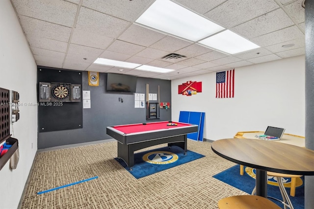 game room featuring carpet, visible vents, pool table, and a paneled ceiling