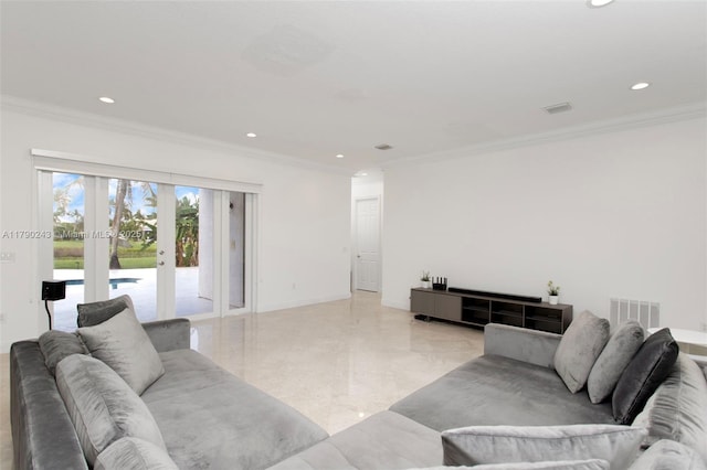 15355 SW 34th St, Davie, FL 33331 - living area with recessed lighting, crown molding, french doors, and light marble finish floors