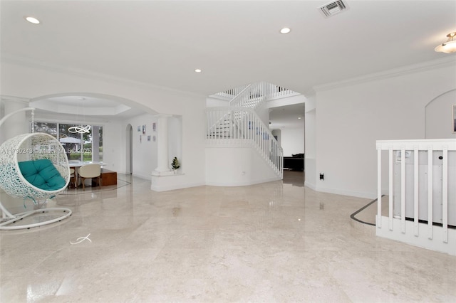 15355 SW 34th St, Davie, FL 33331 - unfurnished living room featuring arched walkways, crown molding, recessed lighting, marble tiled floors, and stairway