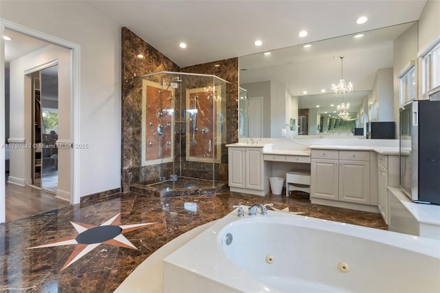 15355 SW 34th St, Davie, FL 33331 - bathroom featuring a shower stall, a whirlpool tub, vanity, a chandelier, and recessed lighting