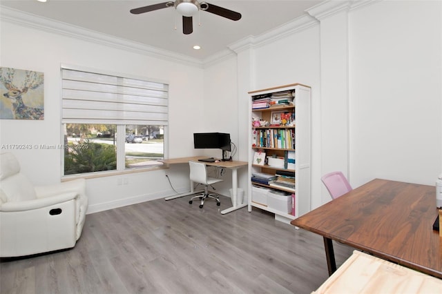 15355 SW 34th St, Davie, FL 33331 - office area featuring ornamental molding, a ceiling fan, wood finished floors, and recessed lighting