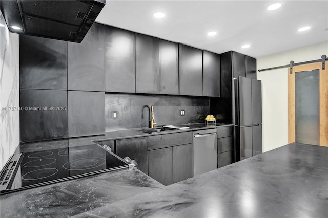 9248 Magnolia Ct, Davie, FL 33328 - kitchen featuring range hood, a sink, a barn door, dishwasher, and stainless steel counters