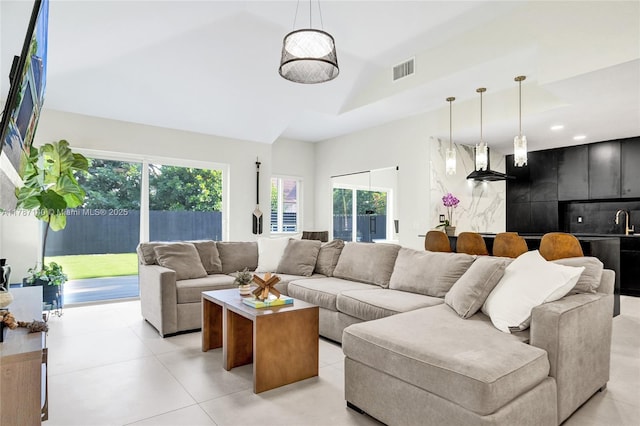 9248 Magnolia Ct, Davie, FL 33328 - living room featuring high vaulted ceiling and recessed lighting