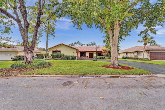 ranch-style house featuring a front yard and asphalt driveway