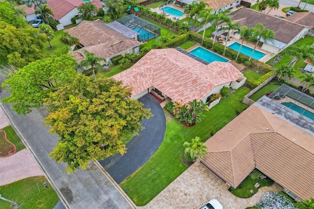 aerial view of a pool area