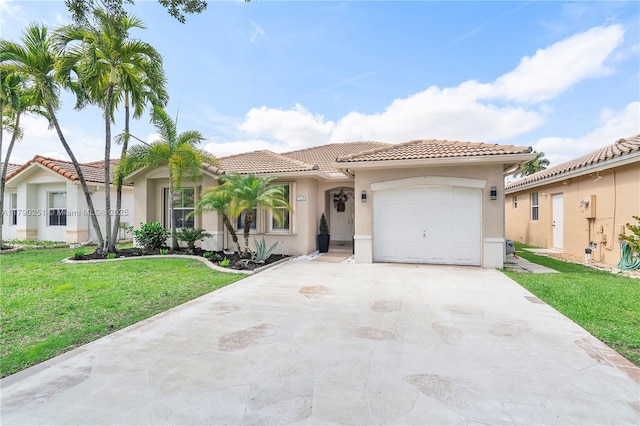 13995 S Cypress Cove Cir, Davie, FL 33325 - mediterranean / spanish-style home featuring a tiled roof, stucco siding, a garage, concrete driveway, and a front lawn