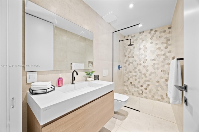 288 NE 117th St, Miami, FL 33161 - bathroom with tile walls, vanity, a walk in shower, and tile patterned flooring