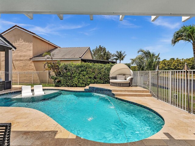 view of swimming pool featuring a fenced backyard and a fenced in pool