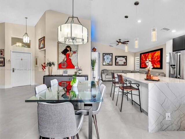dining space featuring high vaulted ceiling, ceiling fan, baseboards, and recessed lighting