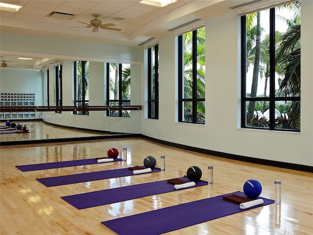 exercise area with ceiling fan, baseboards, wood finished floors, and visible vents