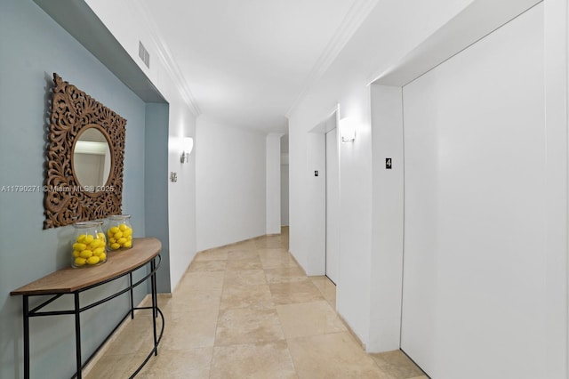 300 S Pointe Dr Unit 405, Miami Beach, FL 33139 - hallway featuring ornamental molding, elevator, and visible vents