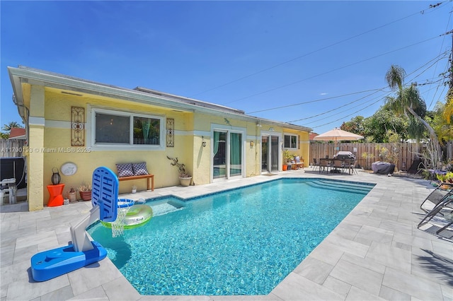 view of swimming pool featuring a fenced backyard, a fenced in pool, and a patio area
