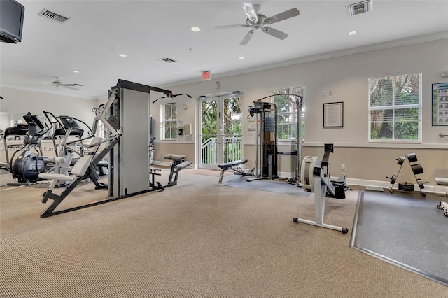 exercise room with recessed lighting, visible vents, and a ceiling fan