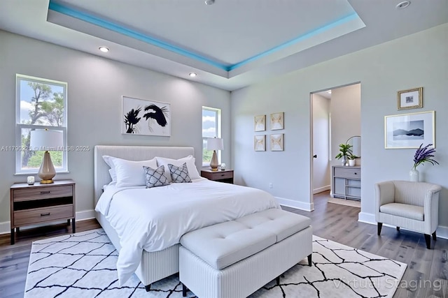 5224 Columbus Blvd, Sebring, FL 33872 - bedroom featuring a raised ceiling, wood finished floors, multiple windows, and recessed lighting
