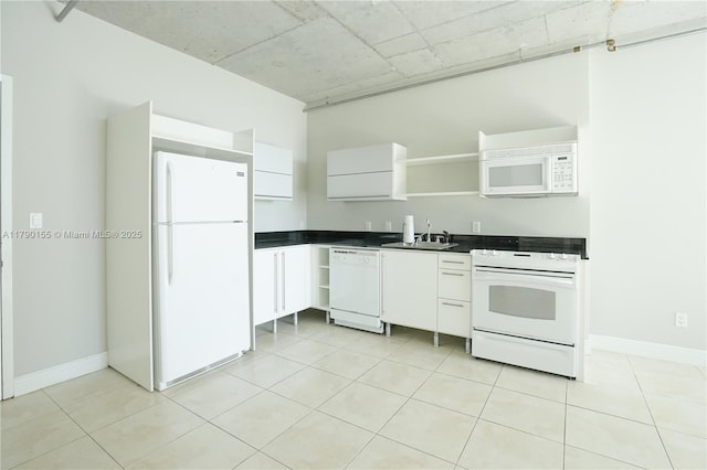 690 SW 1st Ct Unit 2032, Miami, FL 33130 - kitchen with open shelves, white appliances, dark countertops, and white cabinets