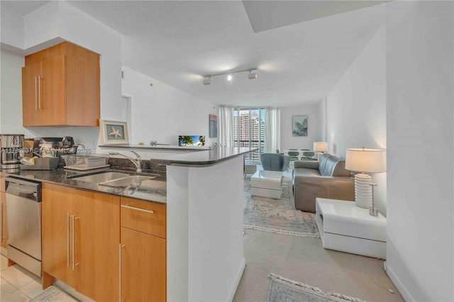 335 S Biscayne Blvd Unit 2003, Miami, FL 33131 - kitchen with dark stone countertops, stainless steel dishwasher, a sink, a peninsula, and open floor plan