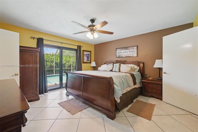bedroom featuring a ceiling fan, access to outside, and light tile patterned flooring