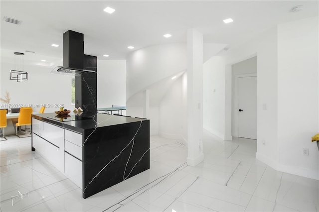 kitchen with black electric cooktop, ventilation hood, visible vents, recessed lighting, and modern cabinets