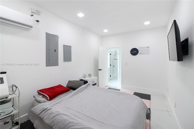 bedroom featuring a wall mounted air conditioner, baseboards, electric panel, and recessed lighting